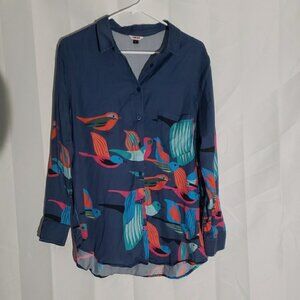 The KIT Colorful Bird Print Women's Long Sleeve Top 100% Tencel Size L